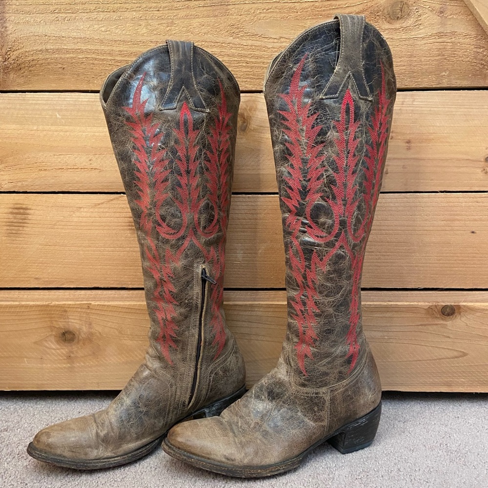 Old Gringo Vintage Mayra Brown and Red Tall Leather Cowboy Boots - Picture 2 of 7